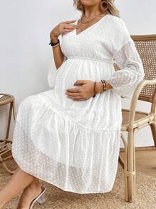 SHEIN Maternity V-Neck Lotus Leaf Hem Dress - White - View 1