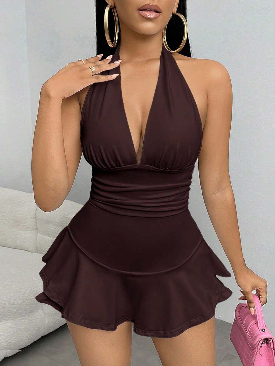 SHEIN SXY Ruched Ruffle Hem Backless Halter Neck Romper - Brown - View 1