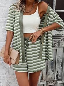 SHEIN LUNE Color-Contrasting Striped Short Sleeve Shirt With Single Breasted Closure And Drawstring Shorts Set - Green - View 1