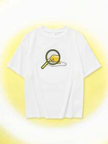 Gudetama X SHEIN Tween男孩卡通&字母圖形下垂肩t恤 - 白色 - 查看 1