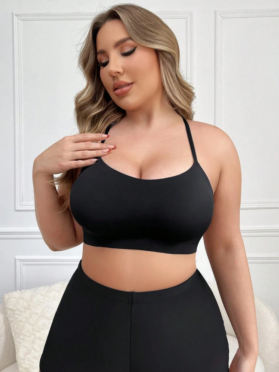 大码无缝细肩带无钢圈文胸 - 黑色 - 查看 1