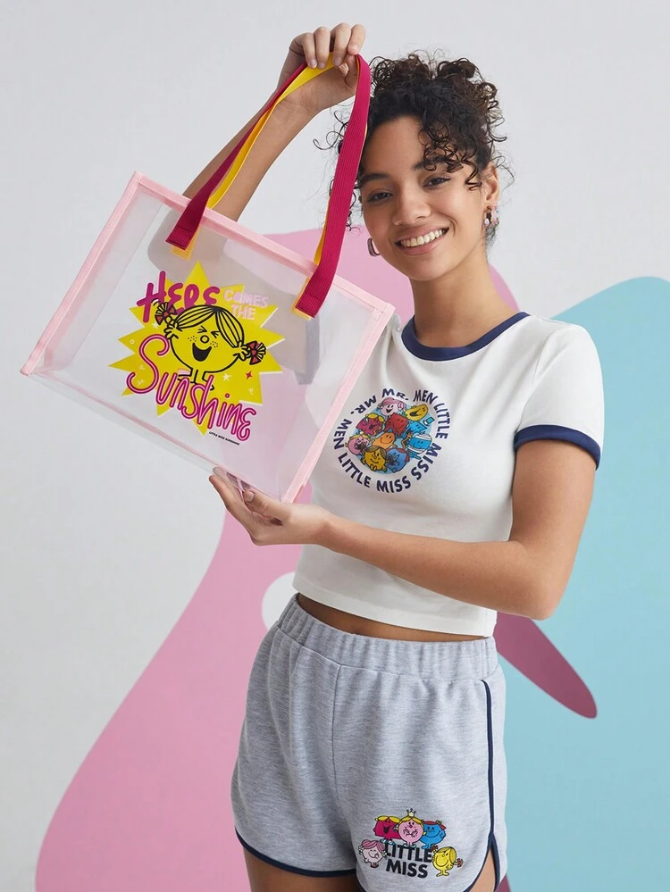 1pc Cartoon Pink Transparent Women Beach Tote Bag, For Women's Day