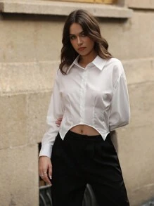 Anewsta 女式纯色不对称下摆衬衫 - 白色 - 查看 3