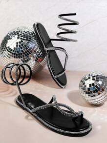 SHUZIA Women's Fashionable Rhinestone Flat Sandals - Black - View 3