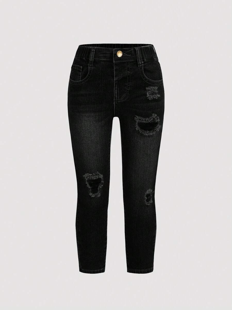 SHEIN 年輕少女破洞牛仔褲 - 黑色 - 查看 1