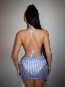 Zolique Conjunto De Suéter Tejido De Correa De Topo Halter Sin Respaldo Y Falda De Cintura Alta Con Huecos