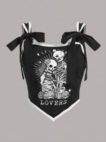 ROMWE Goth 骷髅印花系带肩部撞色绑带吊带背心，学校 - 黑色 - 查看 1