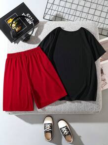 SHEIN 白色汽車印花，適合十幾歲男孩的簡約圓領短袖T恤和短褲套裝，夏季 - 酒紅色 - 查看 2