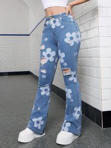 SHEIN Teen Girls' Floral Printed Youthful Academy Water Washed Casual Flared Jeans - Light Wash - View 3