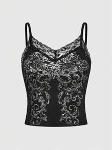 ROMWE Vintage Black Gothic-Inspired Short Camisole Top With Vine Patterns, Rhinestone Collar, Lace Trim And Gathered Waist For Ladies - Black - View 1