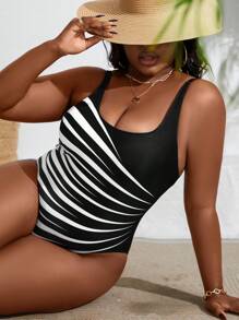 SHEIN Slayr Rozmiar Plus Kolorowe bloki Pasek Strój kąpielowy jednoczęściowy  2 szt./zestaw