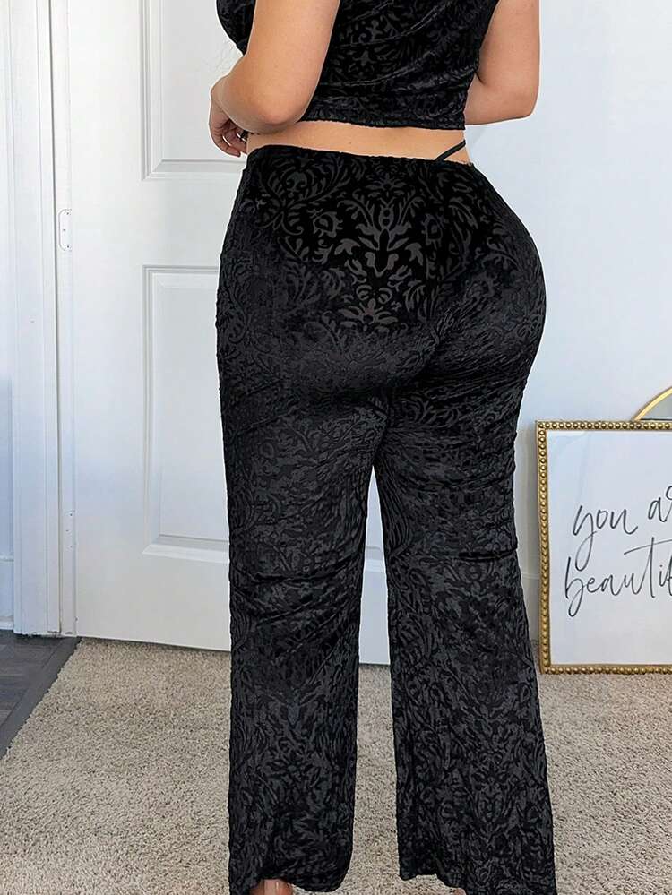 Plus Size Elastic Waistband Lace Detail Straight Leg Pants For Casual Wear