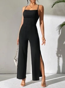 SHEIN PETITE Solid Color Sleeveless Open Back High Slit Wide Leg Jumpsuit - Black - View 3