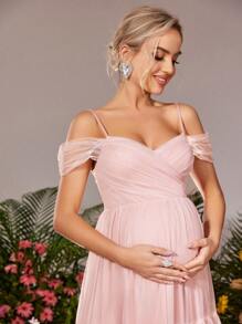 Faeriesty Đầm dự tiệc lưới bèo nhún hở vai cho bà bầu Dressalisa - Bụi hồng - Xem 4