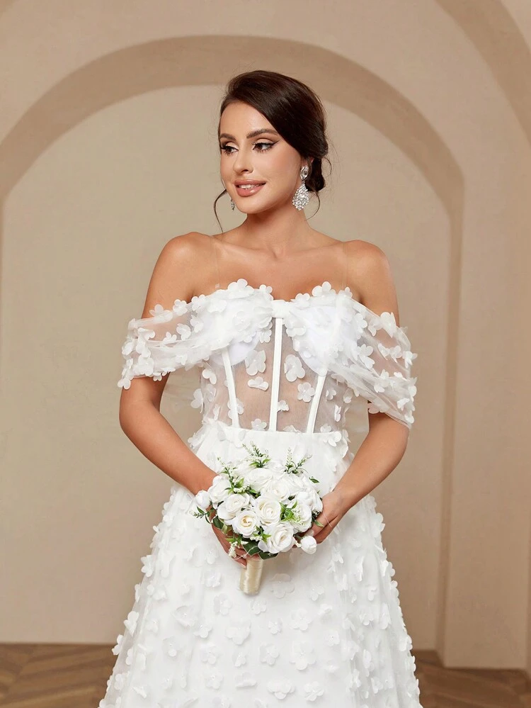 Women's Elegant Romantic Wedding Dress With Applique Bowknot Three-Dimensional Flower Color Block Design Puffy Dress And Off Shoulder