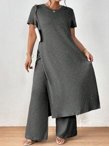 SHEIN LUNE 大尺碼側面分開長上衣與寬腿褲的兩件套裝 - 深灰色 - 查看 1