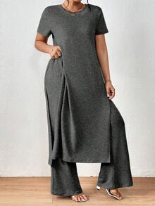 SHEIN LUNE 大尺碼側面分開長上衣與寬腿褲的兩件套裝 - 深灰色 - 查看 4