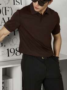 Manfinity Homme Men's Solid Color Short Sleeve Polo Shirt - Chocolate Brown - View 3