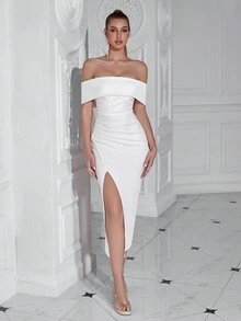 Elisanya 露肩荷叶边前开衩露背派对礼服白色优雅鸡尾酒半正式舞会婚礼宾客礼服，适合生日、毕业典礼、晚宴、返校节夏季 - 白色 - 查看 4