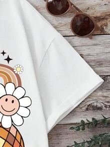 SHEIN Leap Crew Áo thun ngắn tay họa tiết mặt cười & chữ đơn giản giản dị dành cho tuổi teen, thích hợp cho mùa hè - trắng - Xem 4