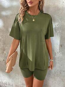 SHEIN LUNE 女士實色圓領垂肩短袖上衣和短褲套裝 - 軍綠色 - 查看 5