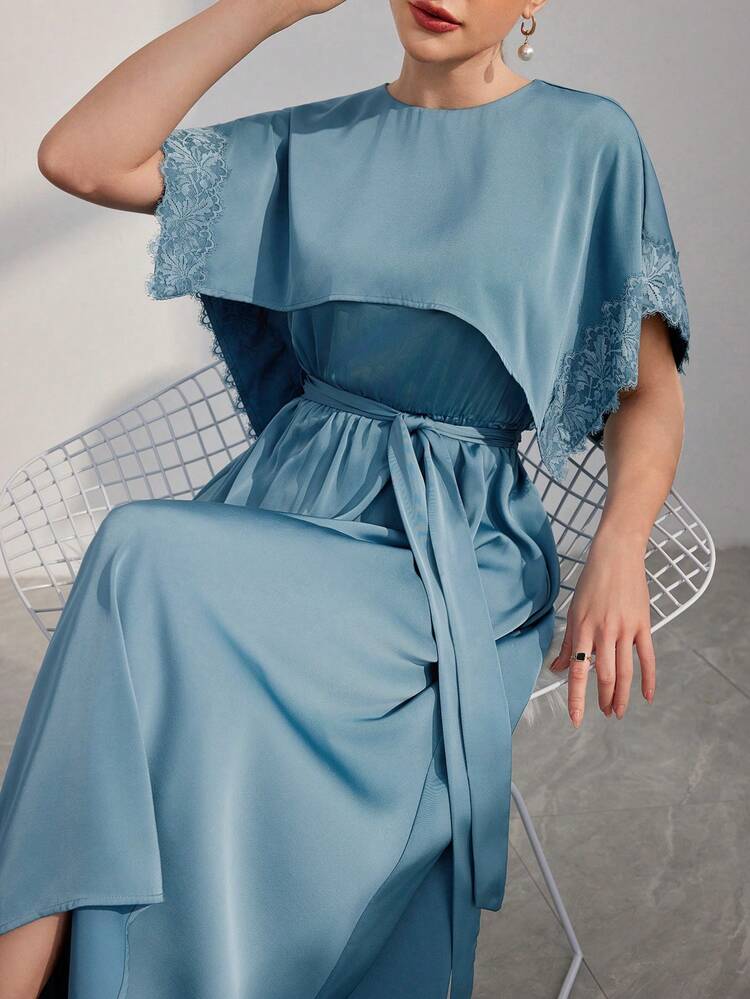 Lace Splice Round Neckline Empire Waist Dress Long Evening Dresses