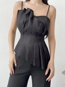 Firerie Solid Color Pleated Asymmetrical Hem Camisole Top - Black - View 4