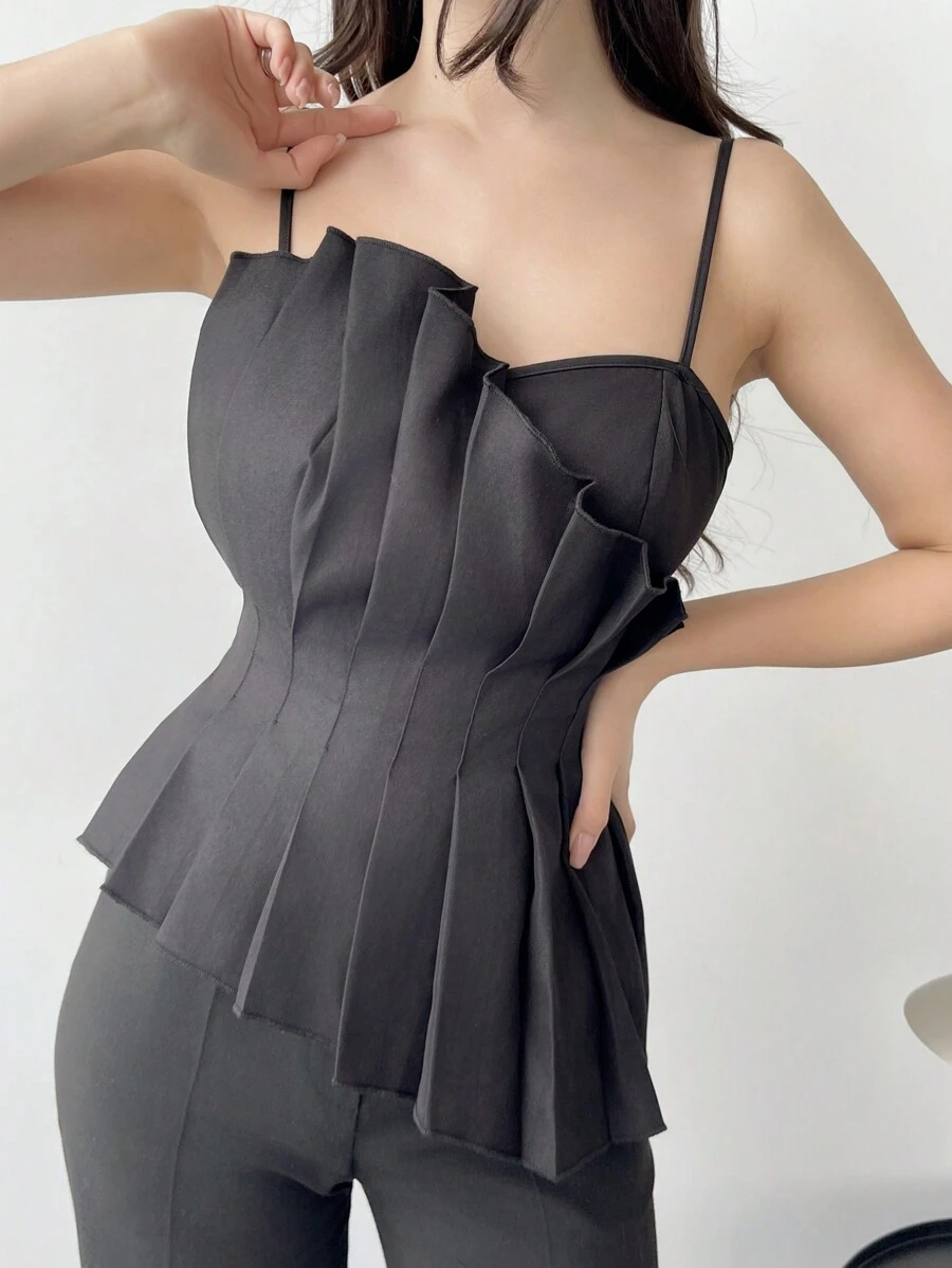 Firerie Solid Color Pleated Asymmetrical Hem Camisole Top - Black - View 1