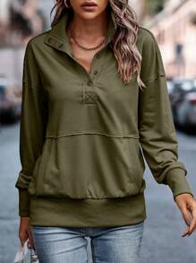 SHEIN LUNE Half Button Drop Shoulder Kangaroo Pocket Sweatshirt - Army Green - View 3