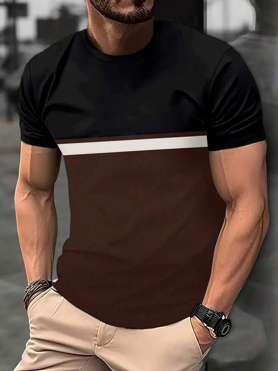 Camiseta Para Hombre Con Cuello Redondo Y Bloques De Colores - Multicolor - Ver 1