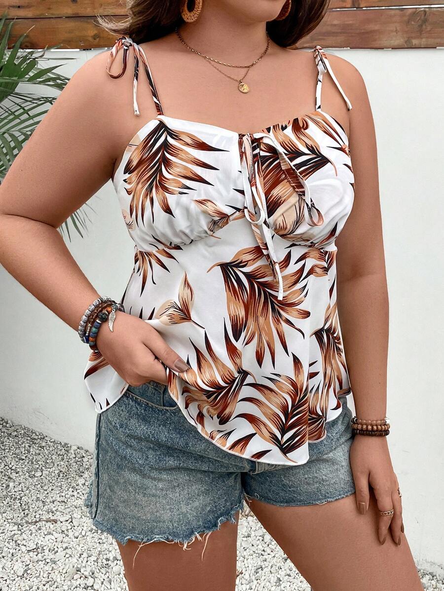 SHEIN Clasi Plus Size Plant Printed Tie Shoulder Cami Top - Multicolor - View 1