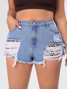 SHEIN ICON Plus Size Denim Shorts Kantong Raw Hem Ripped Plain - Biru - View 6