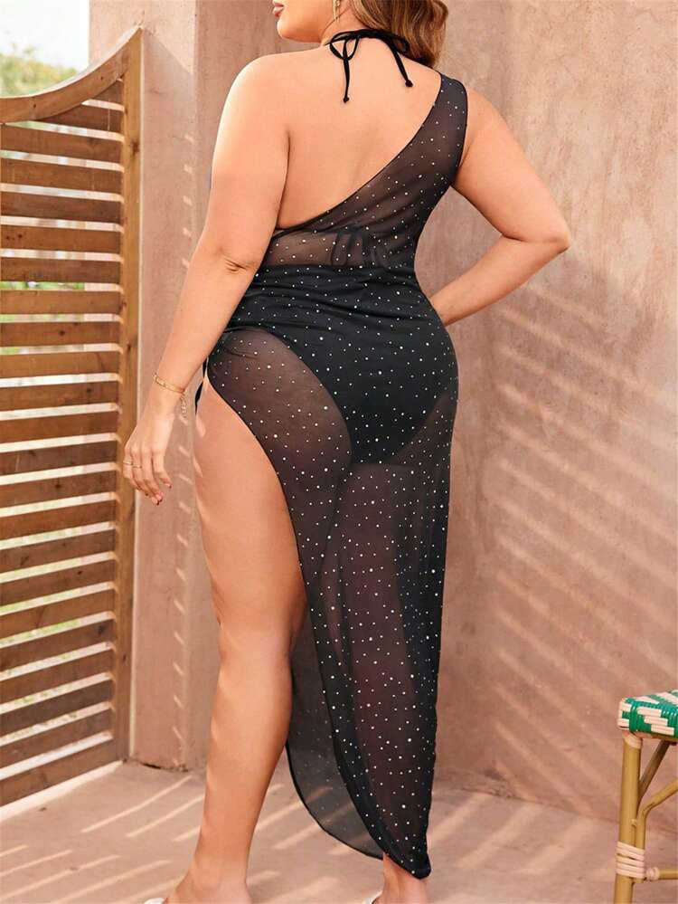 Plus Size Women's Solid Color Halter Strap Separated Swimwear With Necktie Three-Piece Set Summer