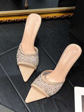 Women's Rhinestone Decor Peep Toe Pyramid High Heel Sandals With Perspex Upper And Mesh Detail, Ideal For Parties, Summer, Beige