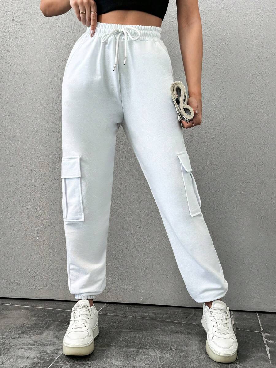 RueChic Women's Solid Color Drawstring Waist Cargo Pants - White - View 1