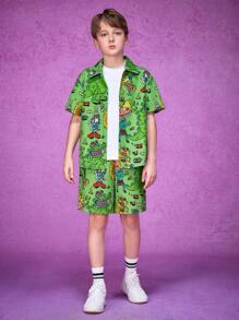 Nick 90s | SHEIN Conjunto de 2 piezas de camisa abotonada informal y pantalones cortos con diseño de dinosaurio monstruo divertido en verde para niño preadolescente - Verde - Ver 3