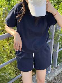 DAZY Solid Color Round Neck Short Sleeve Casual Top And Elastic Waist Shorts,Women Two Pieces Sets Lounge Sets For Women - Royal Blue - View 4