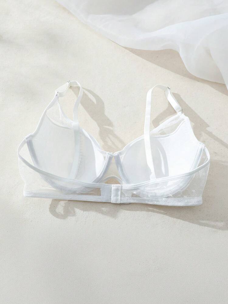 White Fabric Casual-Sporty Micro Crop Plain Bra With Slight Stretch And Contrast Mesh Details