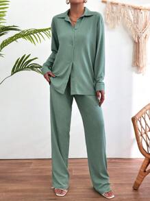 EURMUSE 3pcs/Set Casual Fashionable Textured Shirt & Strapless Top & Pants Set - Green - View 4