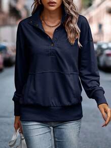 SHEIN LUNE Sudadera con bolsillo tipo canguro, manga larga y cierre de botones hasta la mitad - Azul Marino - Ver 5