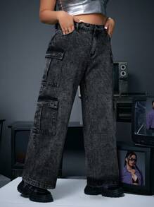 SHEIN ICON Plus Size Women's Cargo Boyfriend Jeans - Black - View 4
