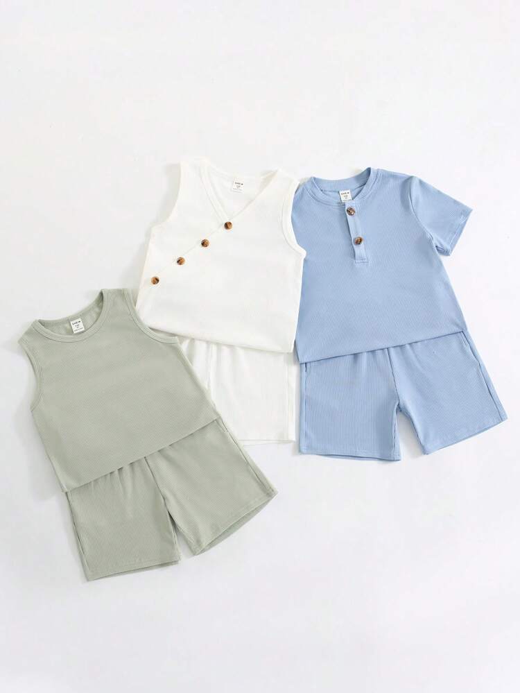 6pcs Young Boy's Casual Knitted Ice Silk Ribbed Buttoned Top With Round Neck Short Sleeve T-Shirt And Shorts Set, Suitable For Both Outdoor And Indoor Activities, Spring And Summer Matching Set