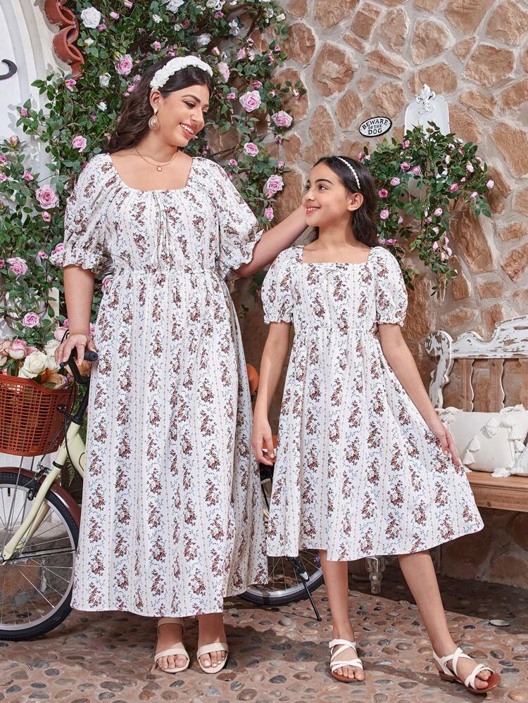 Plus Size Floral Print Ruffle Sleeve Dress