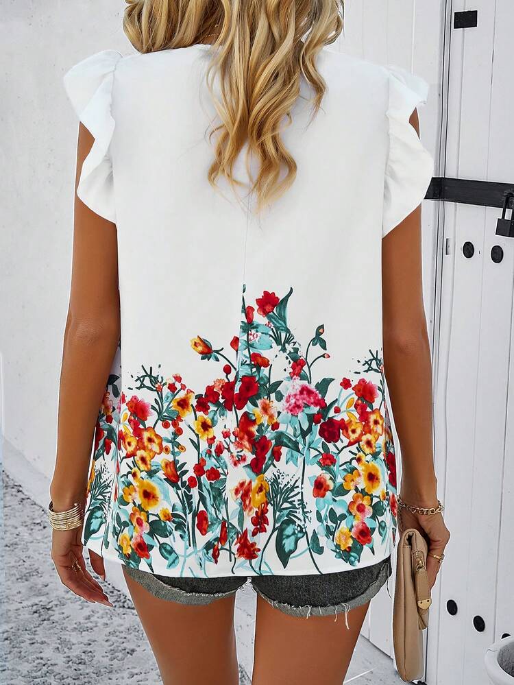 Women's Floral Print Wrap Cap Sleeve Blouse