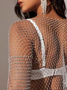 SHEIN Unity 女士短款長袖上衣,鑲有鑽石裝飾 - 銀色 - 查看 5