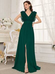 Ladies' Solid Color Ruffle Hem Slit Bridesmaid Dress - Green - View 5
