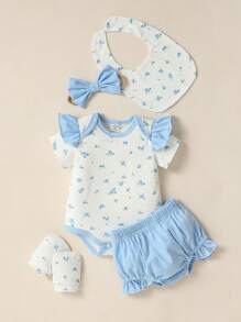 SHEIN Baby Girl Romper Set, Including Headband, Bib And Gloves