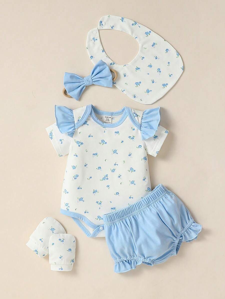 SHEIN Baby Girl Romper Set, Including Headband, Bib And Gloves