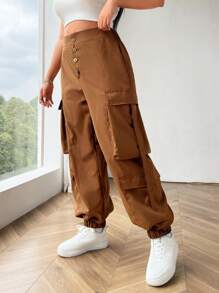 Flirla Plus Size Women's Casual Cargo Pants With Large Pockets - Brown - View 4