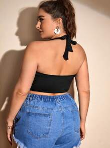 SHEIN Swim Curve Summer Beach Plus Solid Halter Bikini Top - Black - View 2